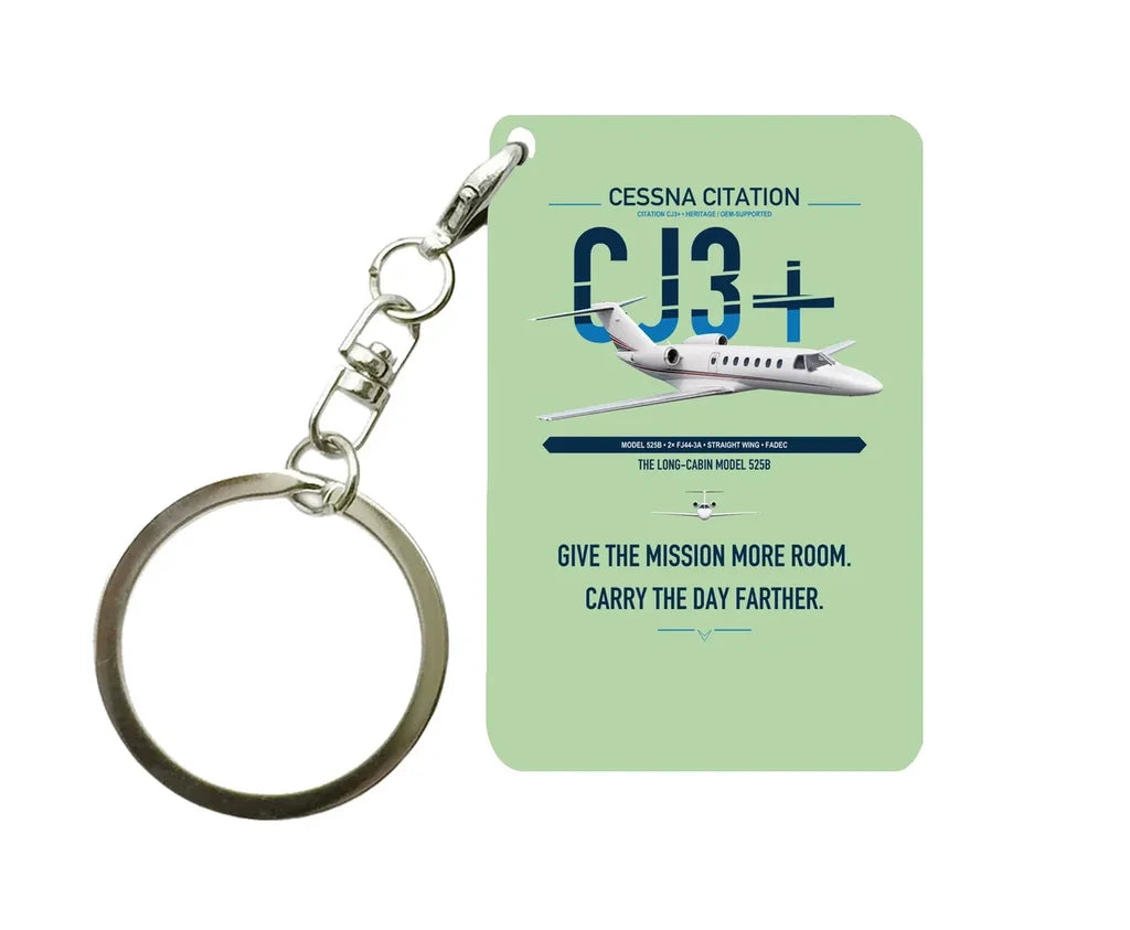 Cessna Citation CJ3+ design on light green designed key chain, double-side print