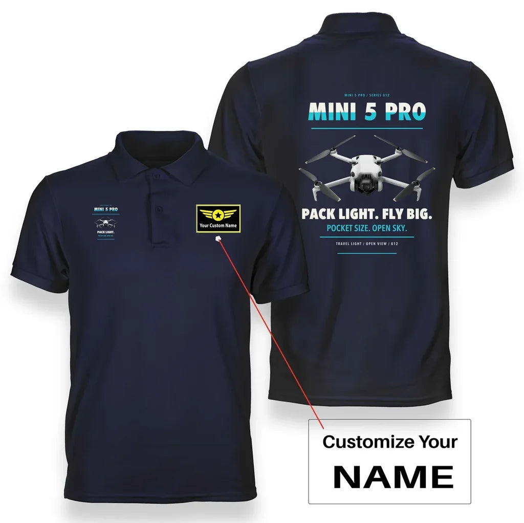 DJI Mini 5 Pro design on navy blue polo with custom name badge