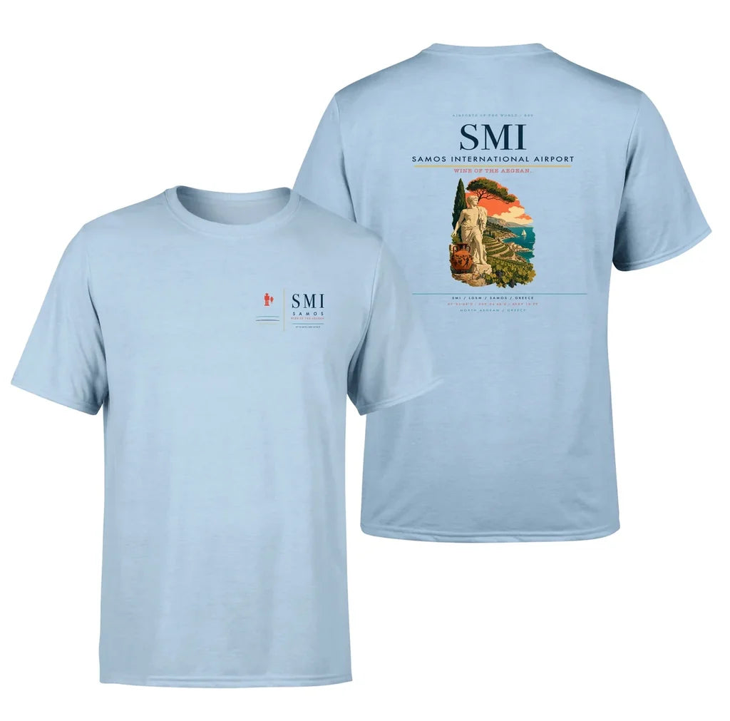Samos International Airport (SMI) design printed on light blue double-side t-shirt