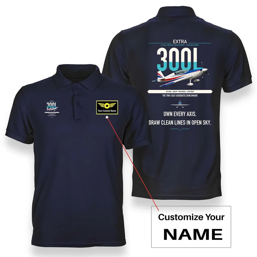 Extra 300L design on navy blue+name double-side polo t-shirt, double-side print