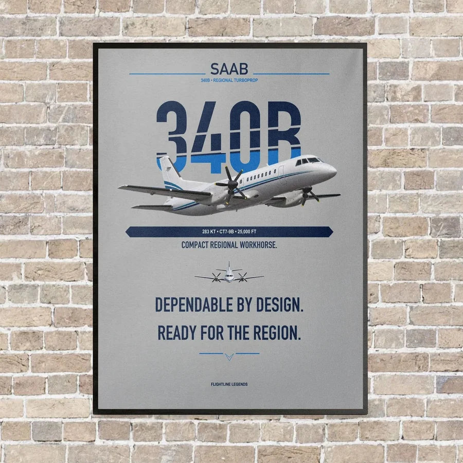 Saab 340B vertical canvas print - framed - light gray background