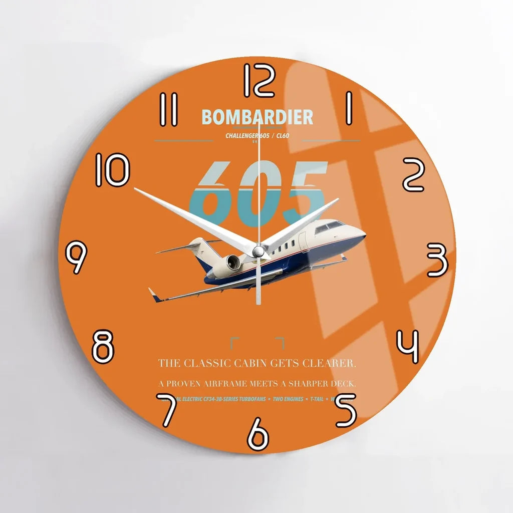 Bombardier Challenger 605 design on orange no frame wall clock