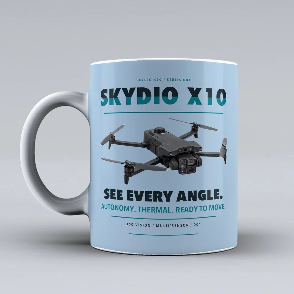 X10 Mug design on light blue skydio