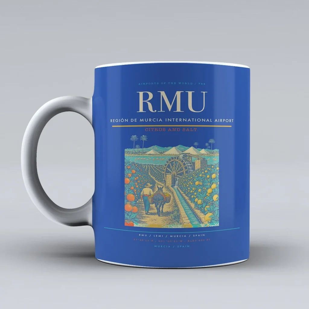 Región de Murcia International Airport (RMU) airport code design on blue ceramic mug