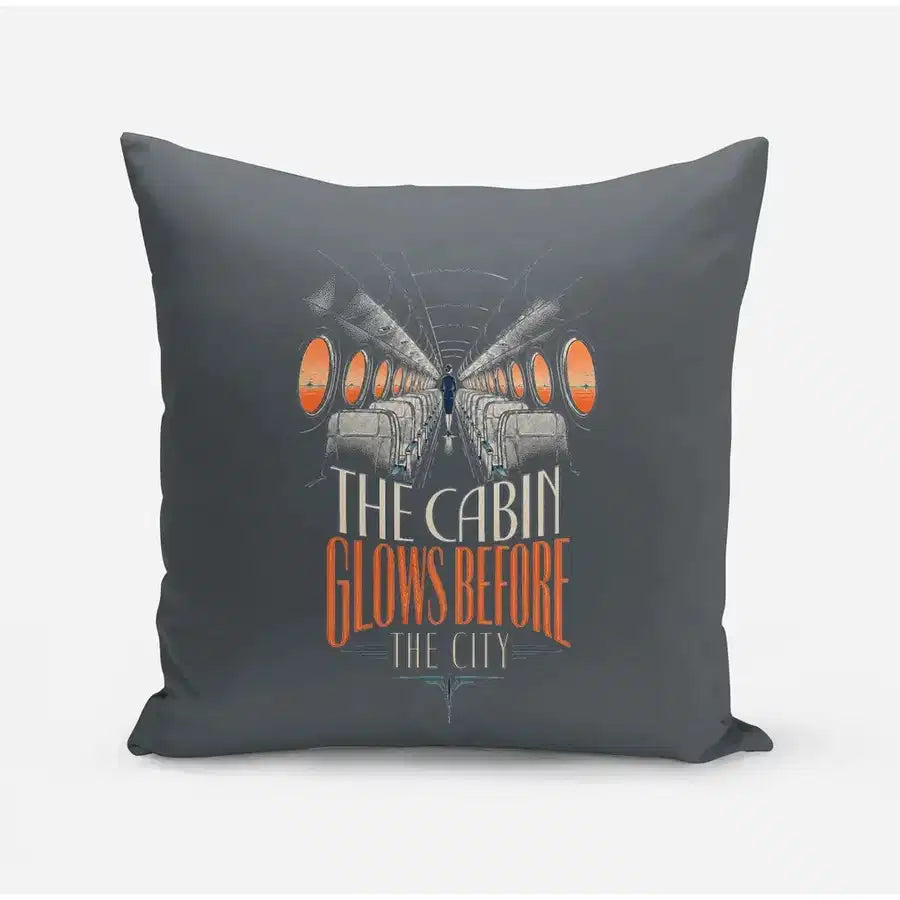 The Cabin Glows Before The City design on gray pillow