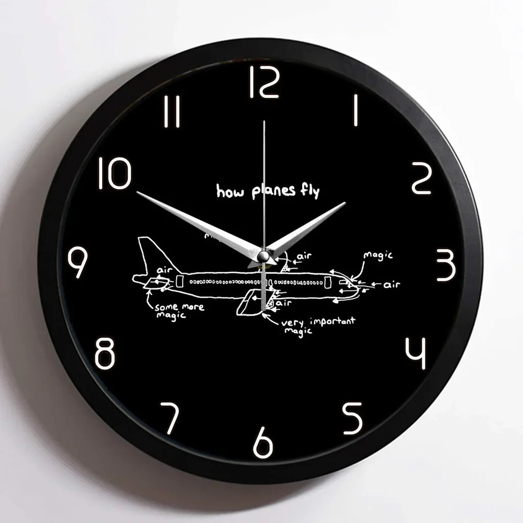 How Planes Fly aviation design on premium wood and metal wall clock.
