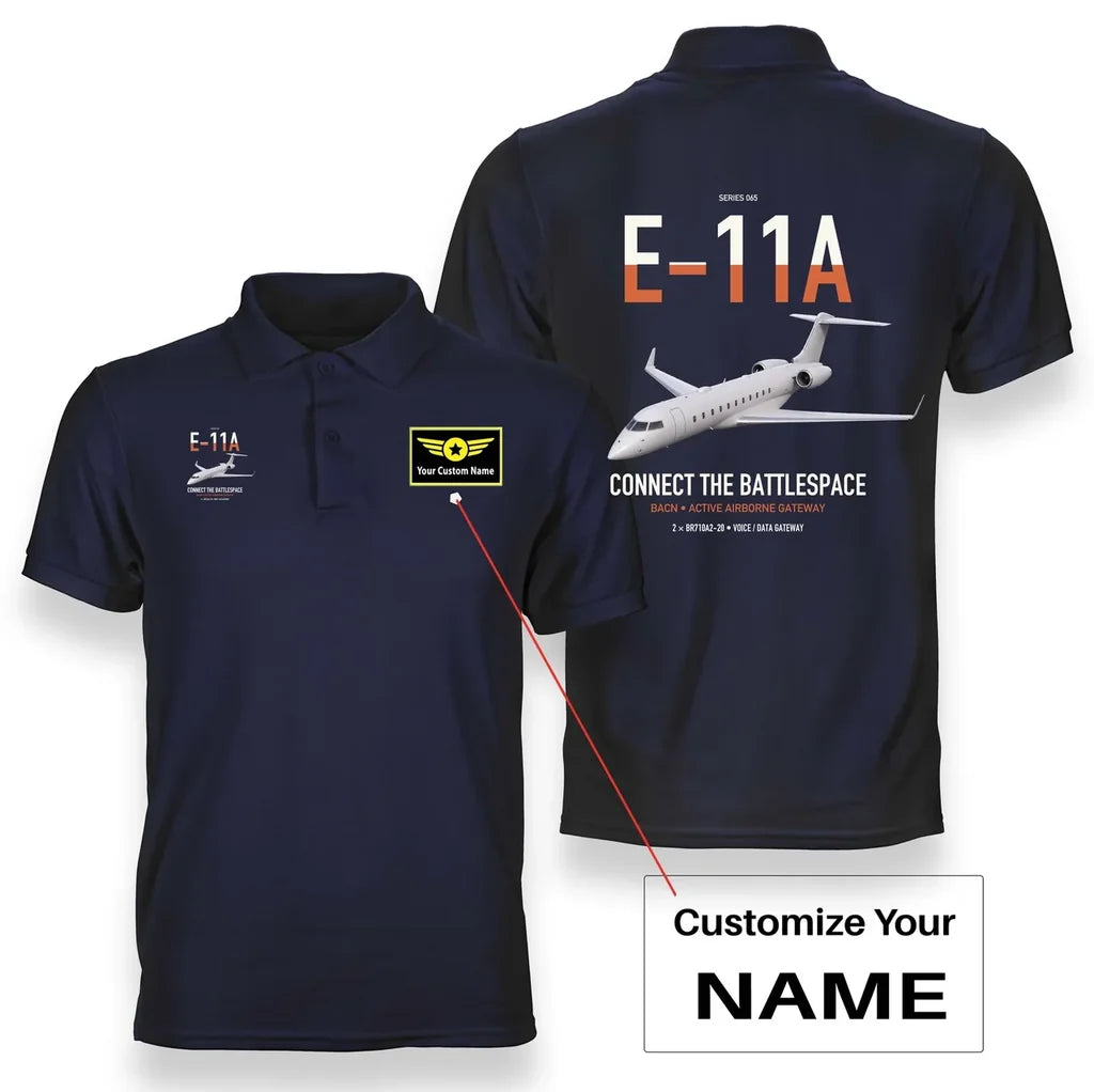 E-11A BACN design on navy blue+name double-side polo t-shirt, double-side print