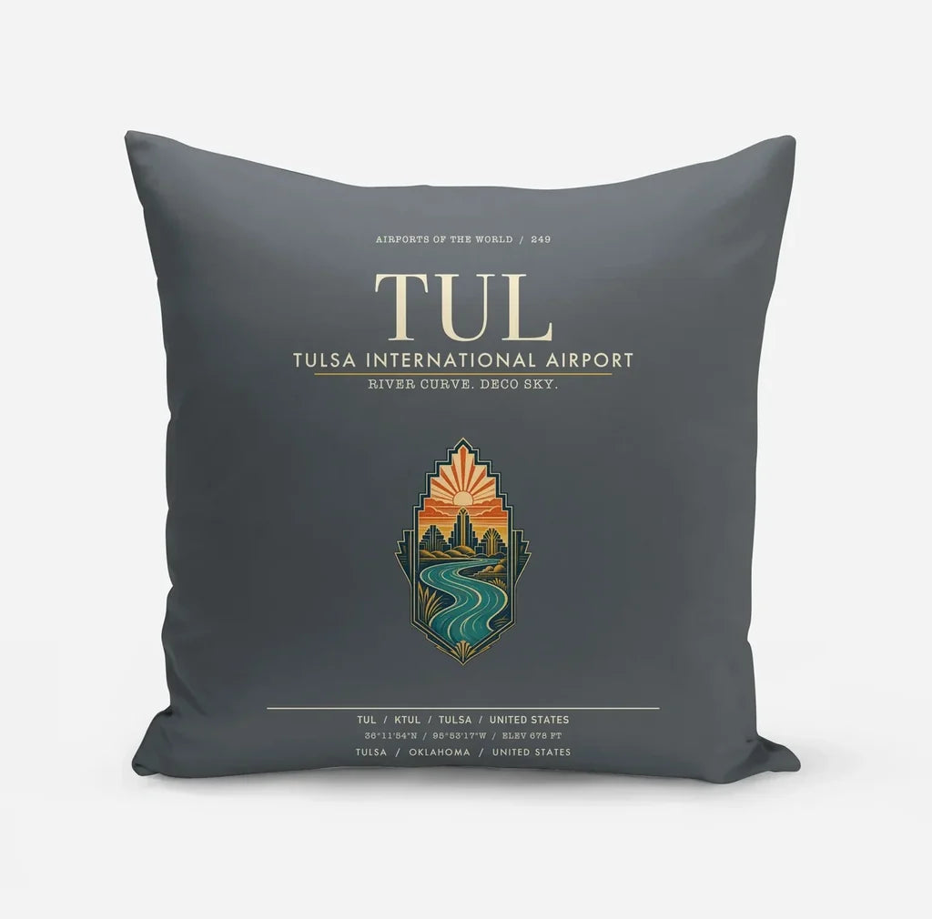 Tulsa International Airport (TUL) design on gray pillow
