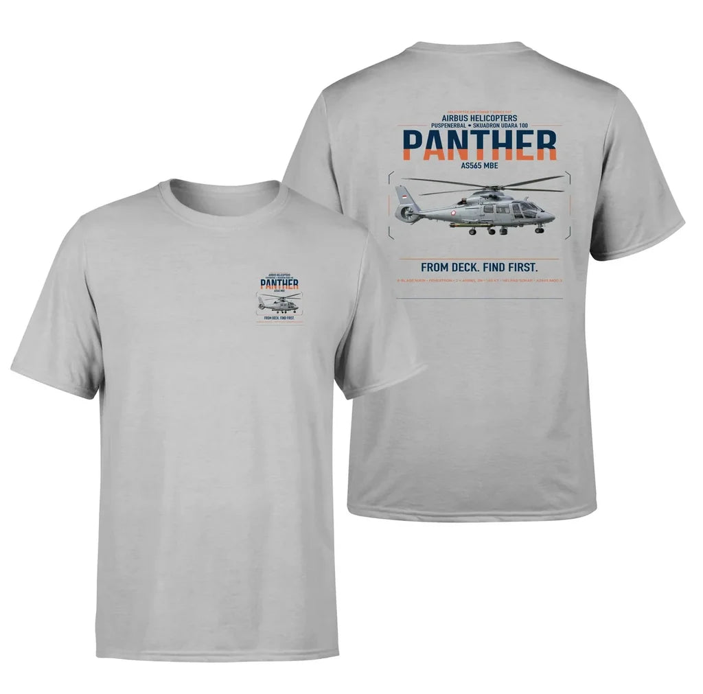 Airbus Helicopters AS565 MBe Panther design on light gray t-shirt, double-side print
