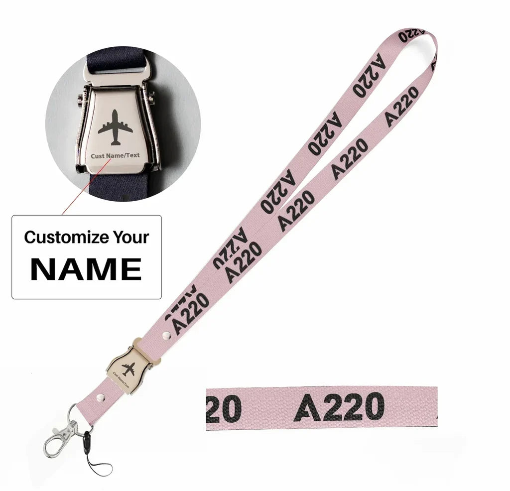 Airbus A220 Flat Text seat belt lanyard - pink with name