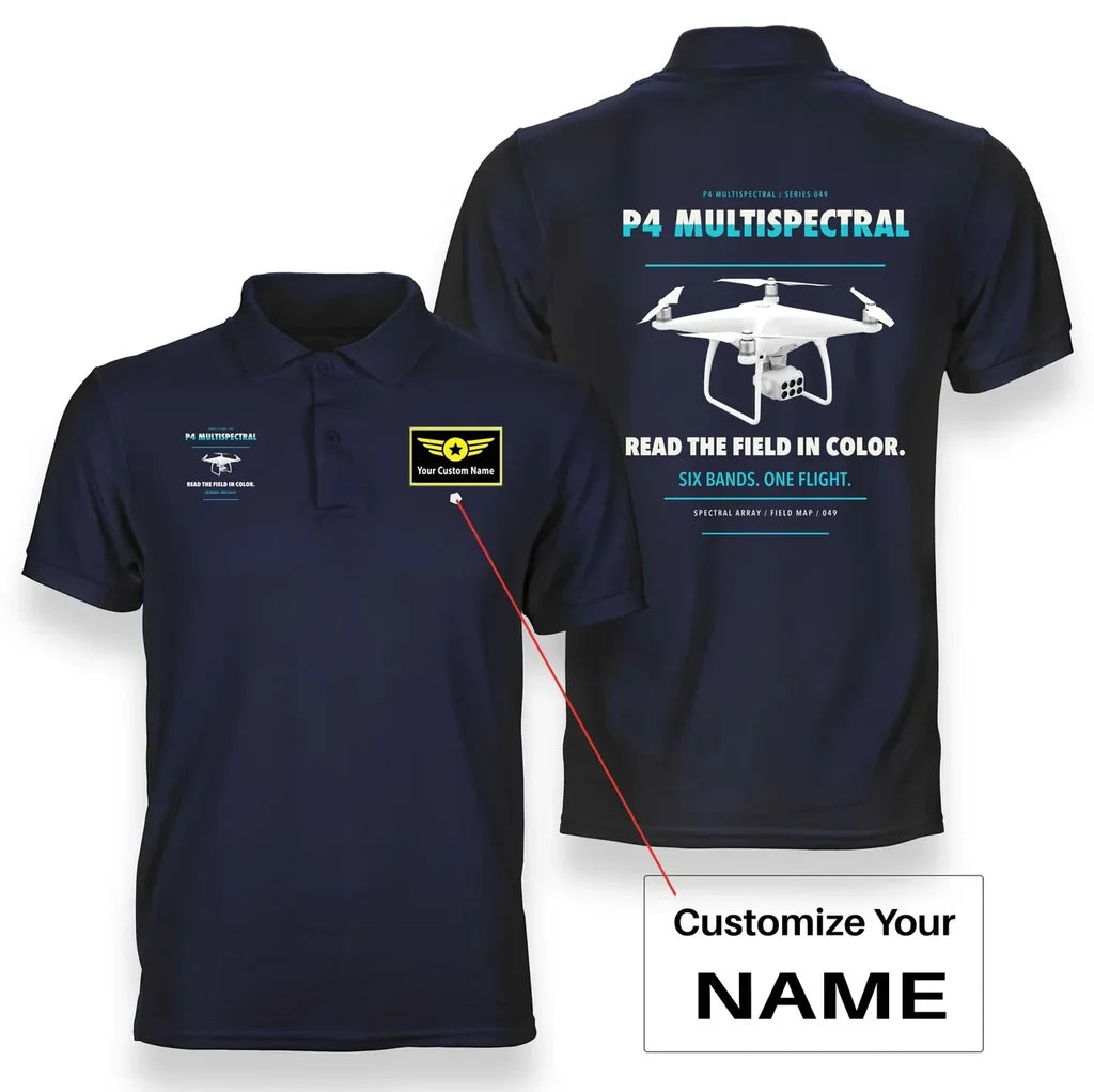 DJI P4 Multispectral design on navy blue polo with custom name badge