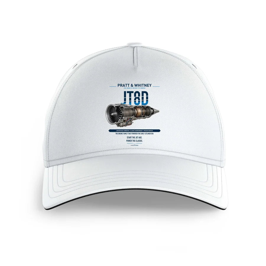 JT8D design on white printed hat
