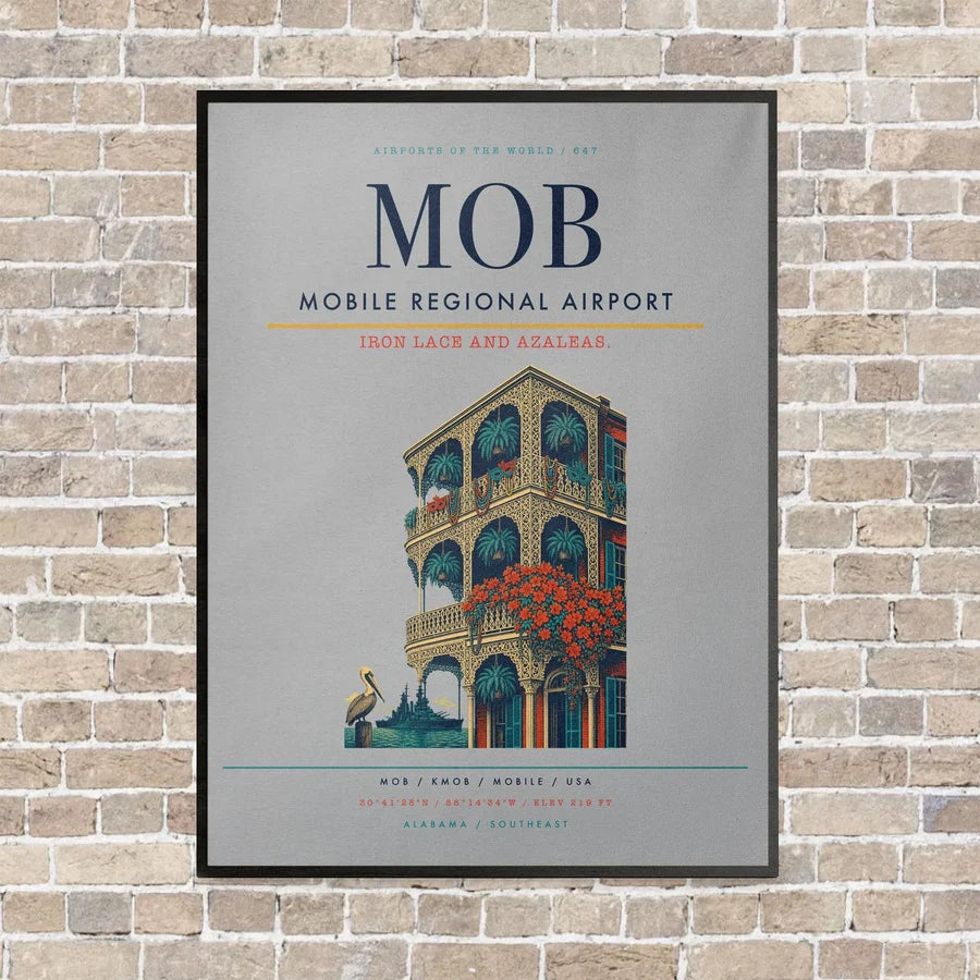 Mobile Regional Airport MOB vertical canvas print - framed - light gray background