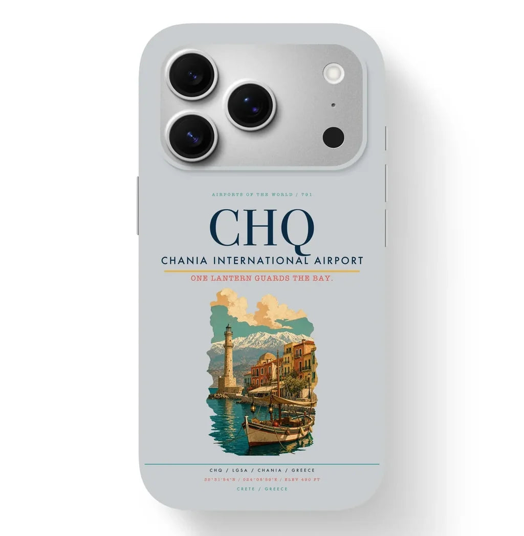 Chania Airport (CHQ) design on light gray iPhone 17 Pro MagSafe case