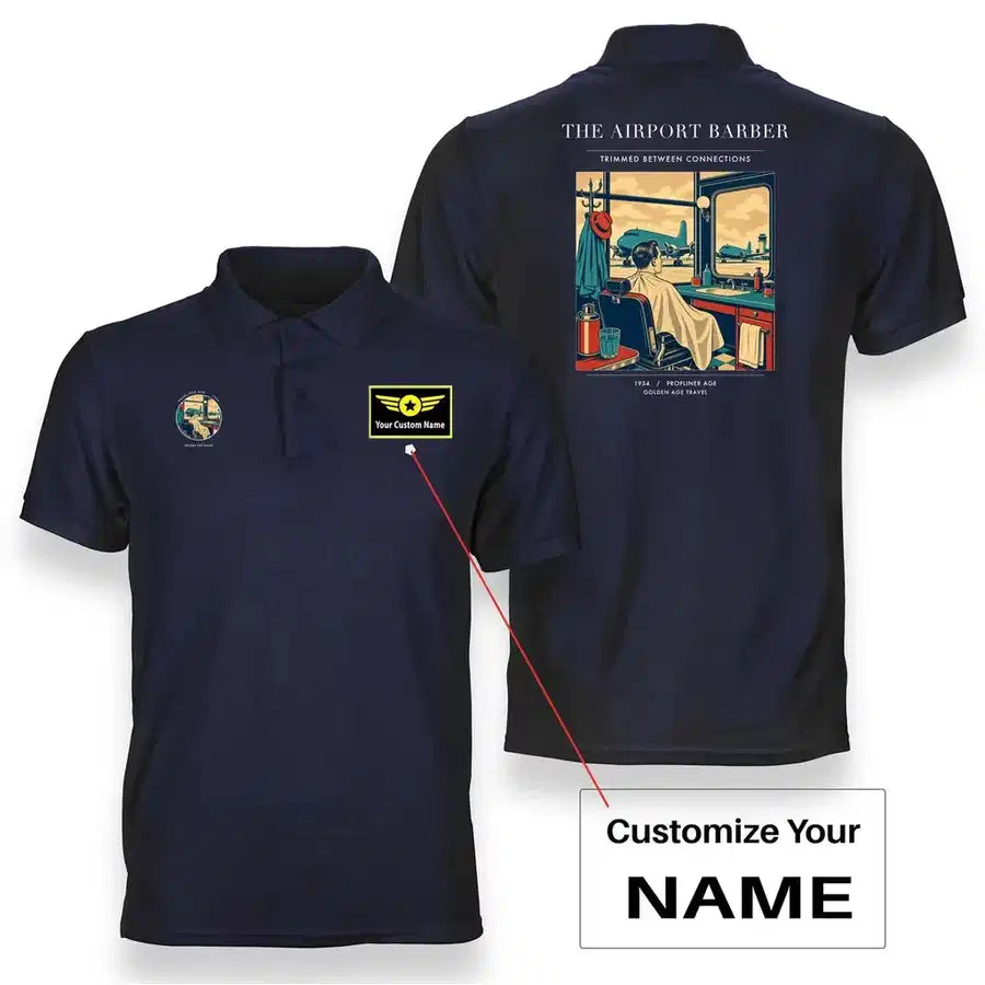 VINTAGE G4377 - The Airport Barber - Double-Side Polo T-Shirt design on navyblue+name
