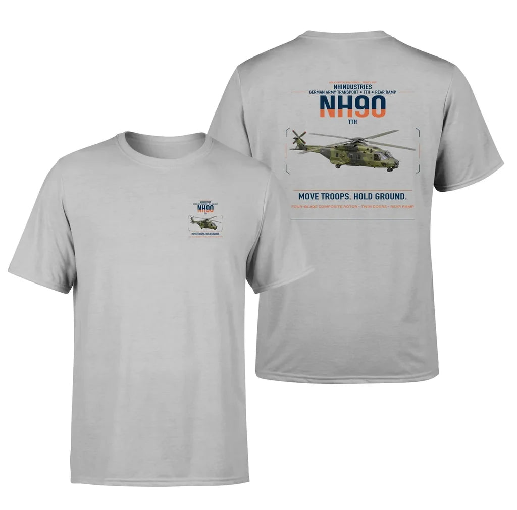 NHIndustries NH90 TTH design on light gray t-shirt, double-side print