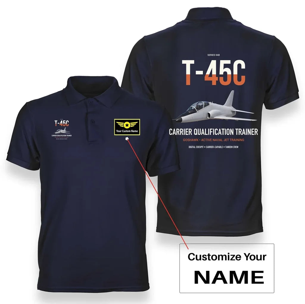 T-45C Goshawk design on navy blue+name double-side polo t-shirt, double-side print