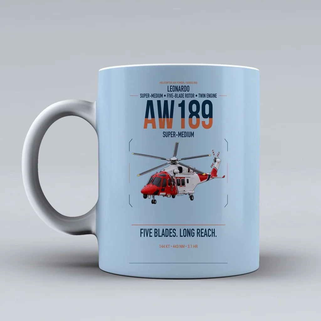 Leonardo AW189 design on light blue ceramic mug, double-side print
