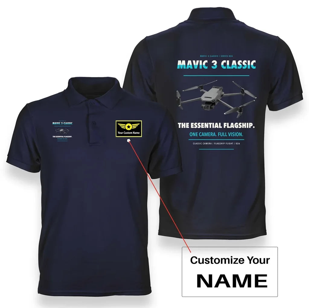 DJI Mavic 3 Classic design on navy blue polo with custom name badge