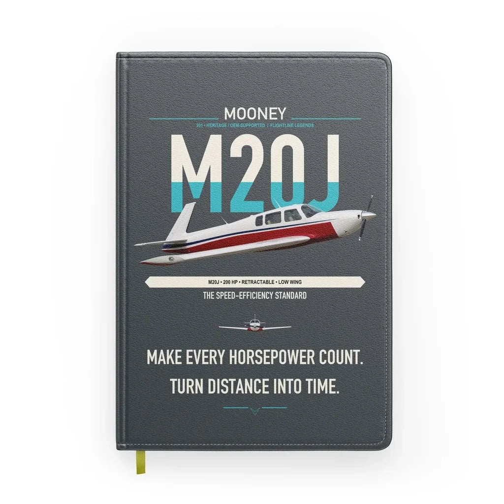 Mooney M20J 201 design on gray notebook