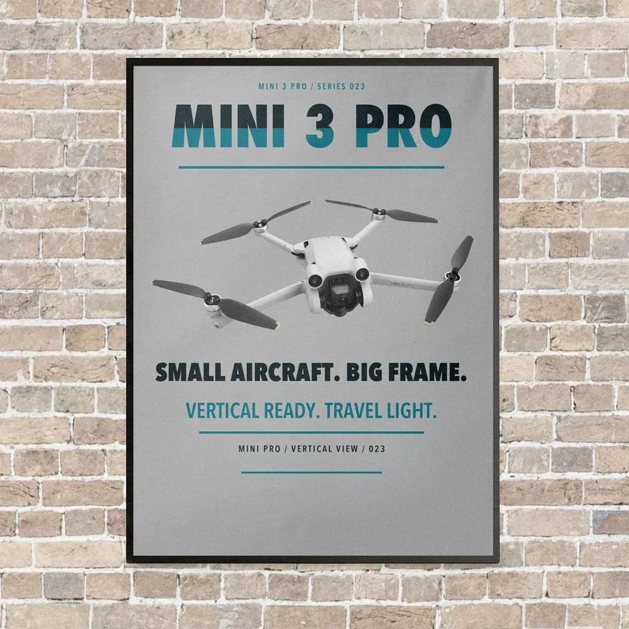 DJI Mini 3 Pro vertical canvas print - framed - light gray background