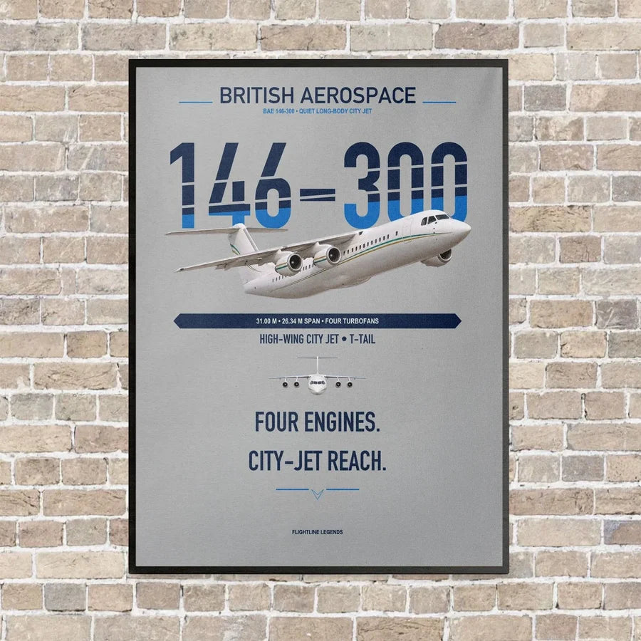 BAe 146-300 vertical canvas print - framed - light gray background