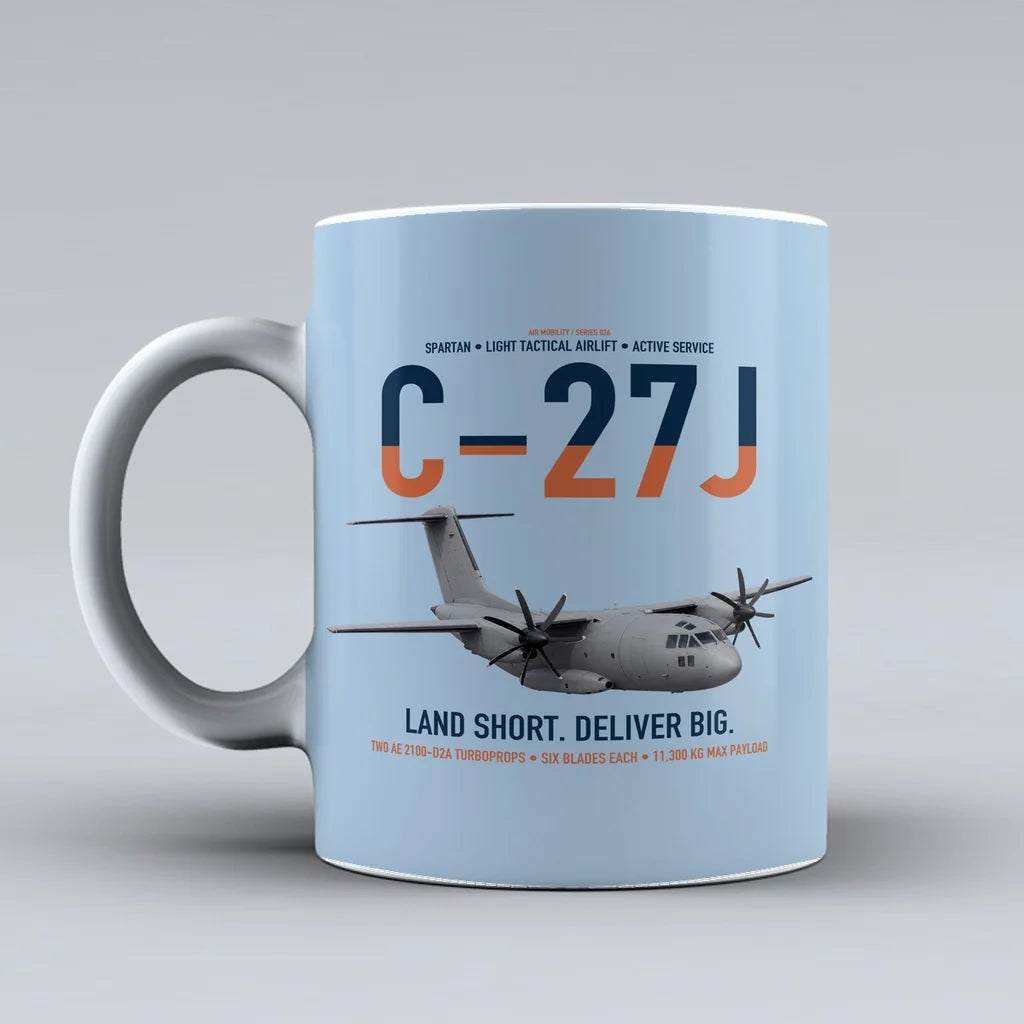 C-27J Spartan design on light blue ceramic mug, double-side print