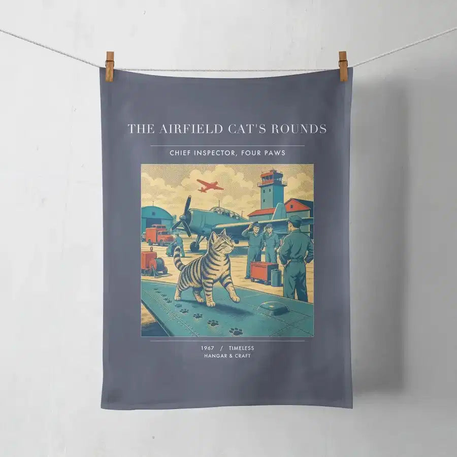 VINTAGE G4456 - The Airfield Cat's Rounds - Designed Towels design on navyblue