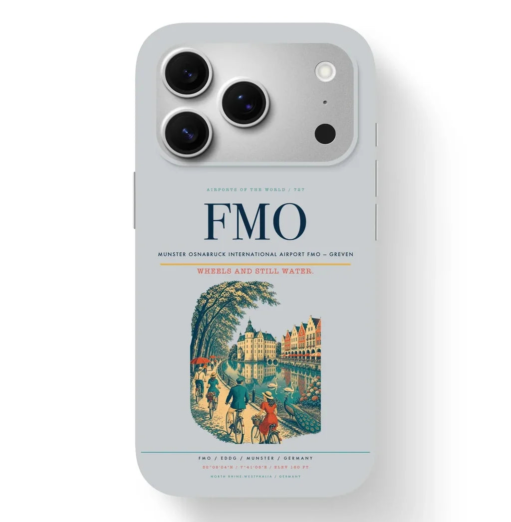Greven Airport (FMO) design on light gray iPhone 17 Pro MagSafe case