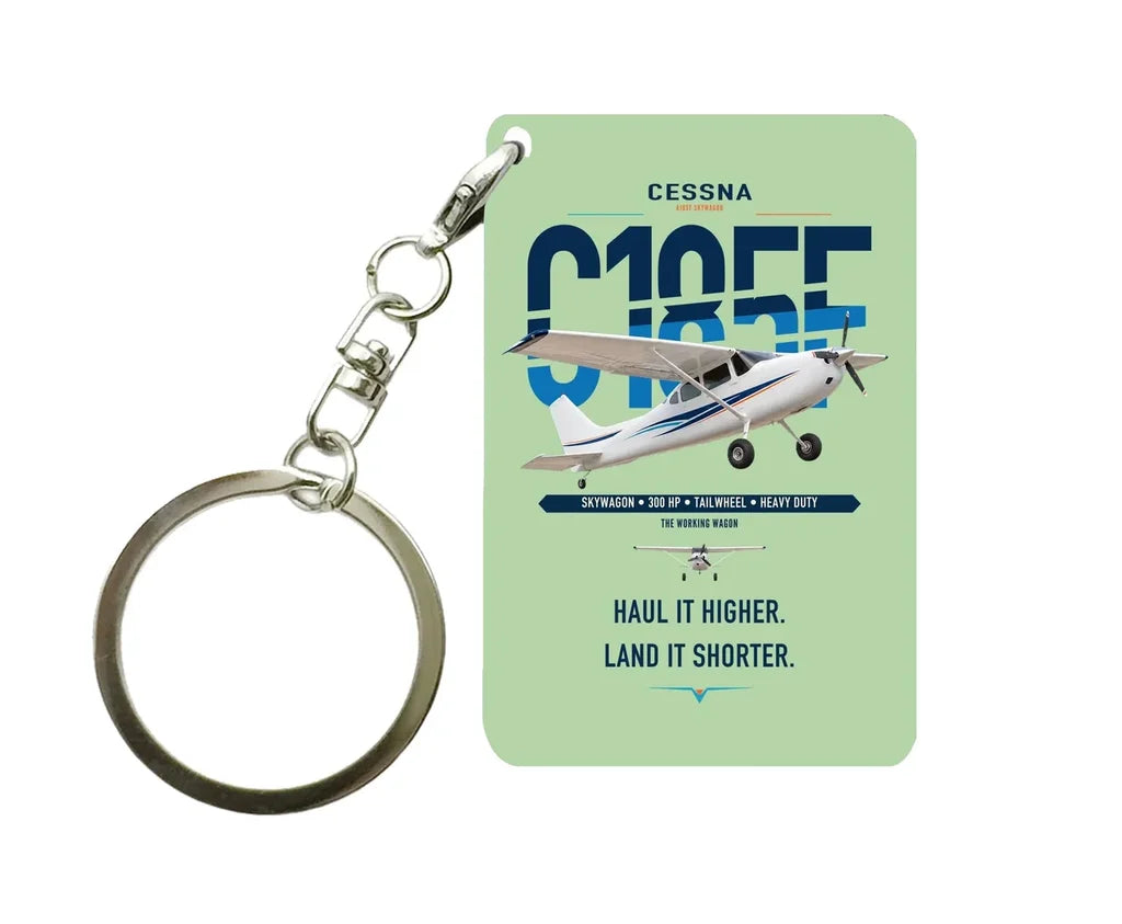 Cessna A185F Skywagon design on light green designed key chain, double-side print