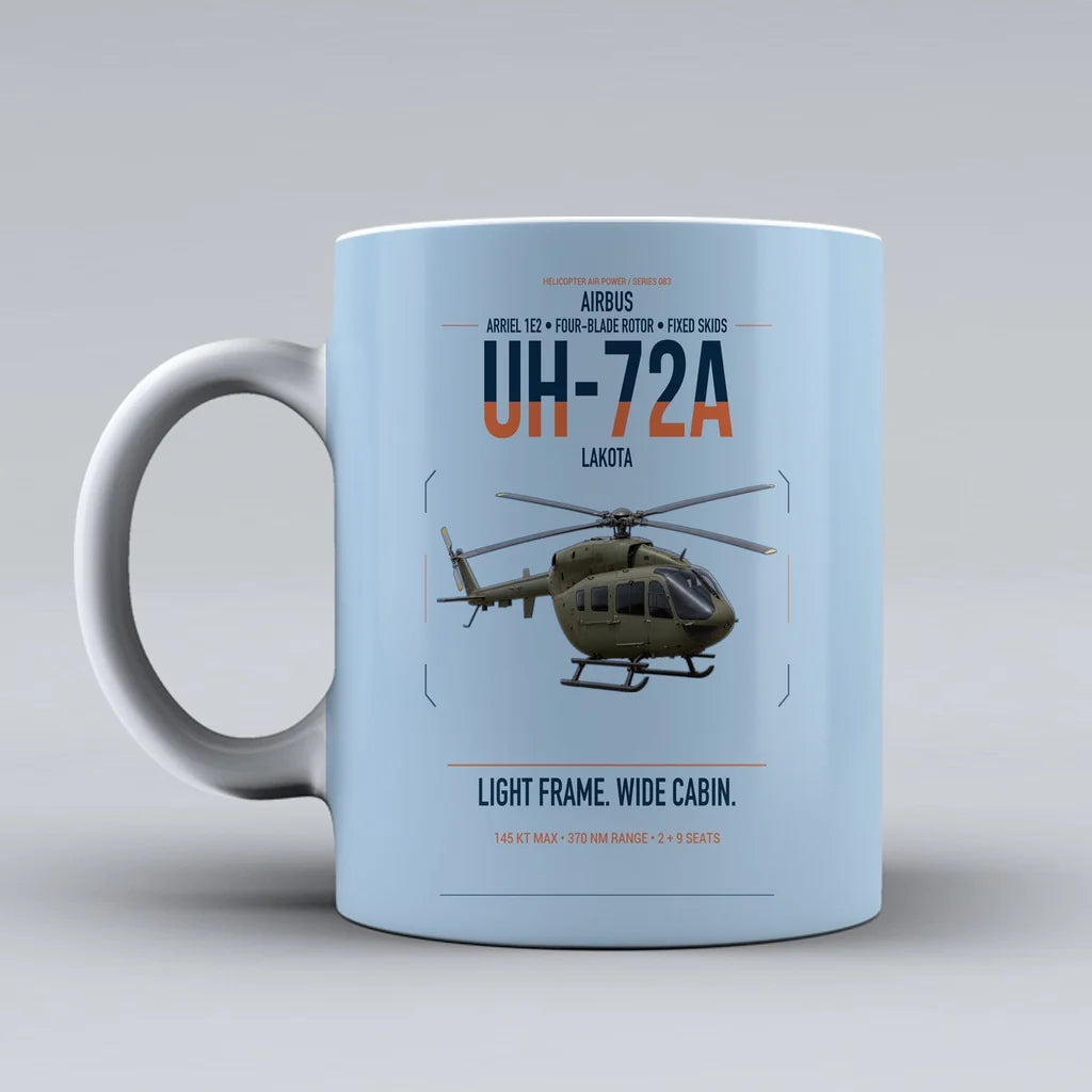 Airbus UH-72A Lakota design on light blue ceramic mug, double-side print