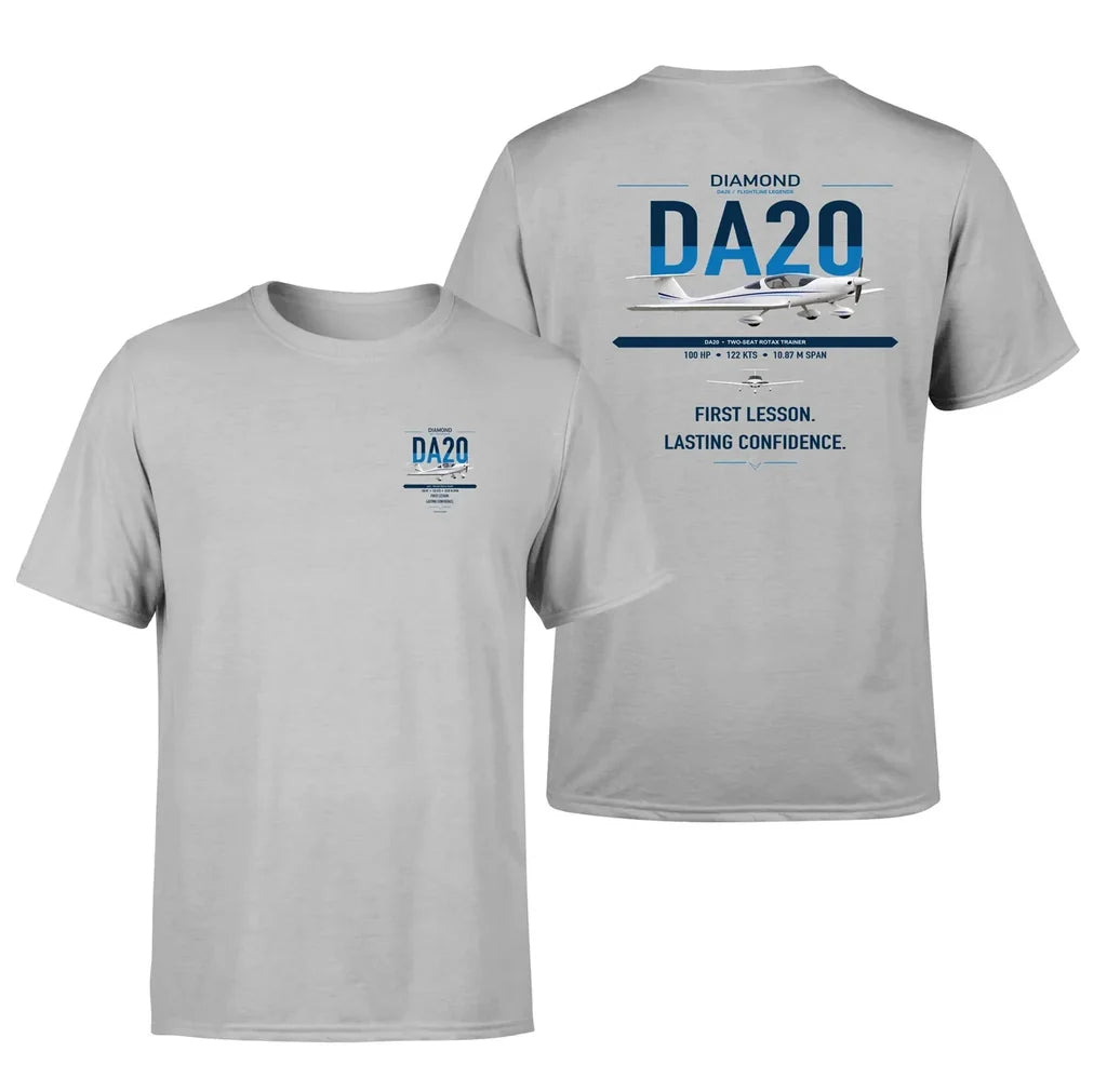 Diamond DA20 design on light gray t-shirt, double-side print