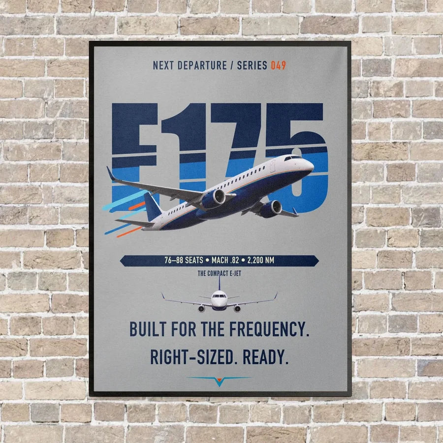 Embraer E175 vertical canvas print - framed - light gray background