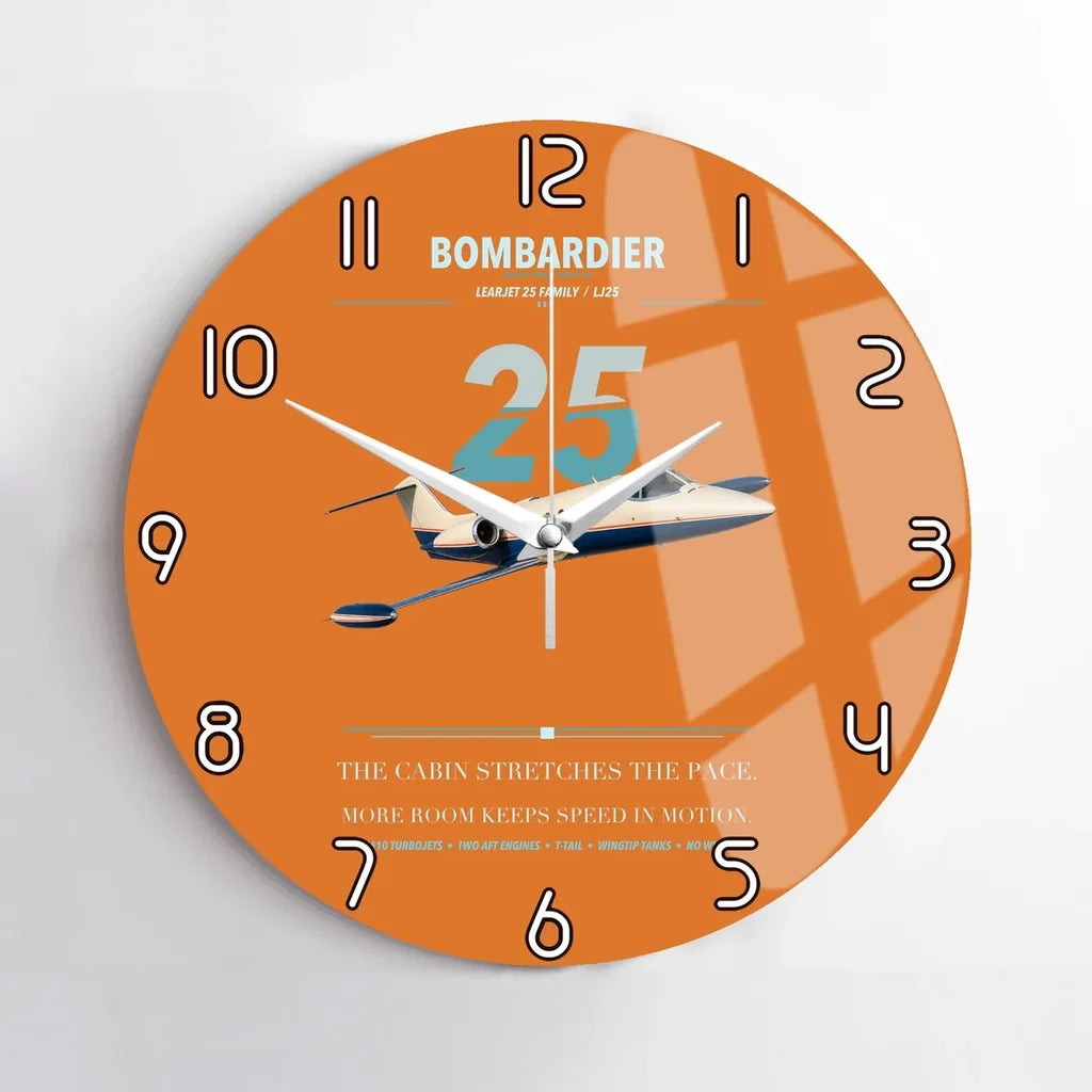 Bombardier Learjet 25 design on orange no frame wall clock