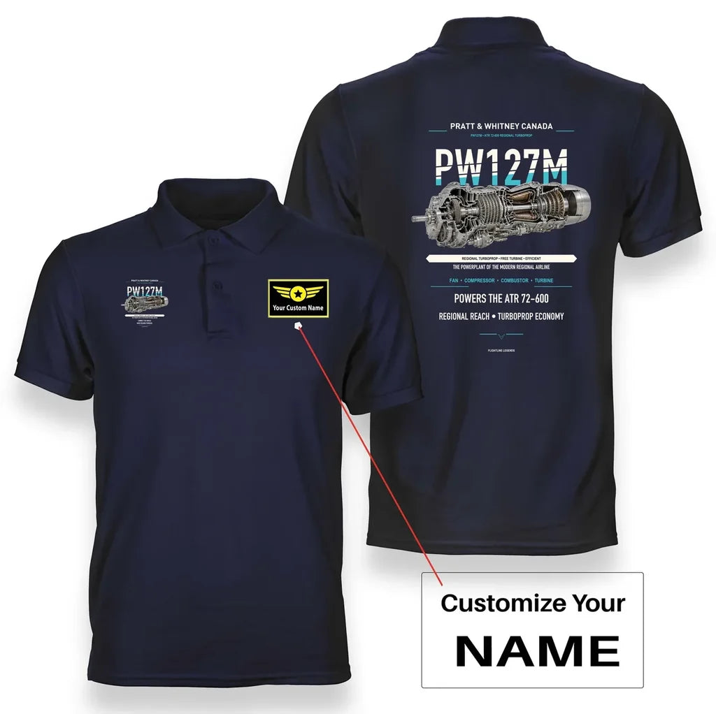 PW127M design on navy blue polo with custom name badge