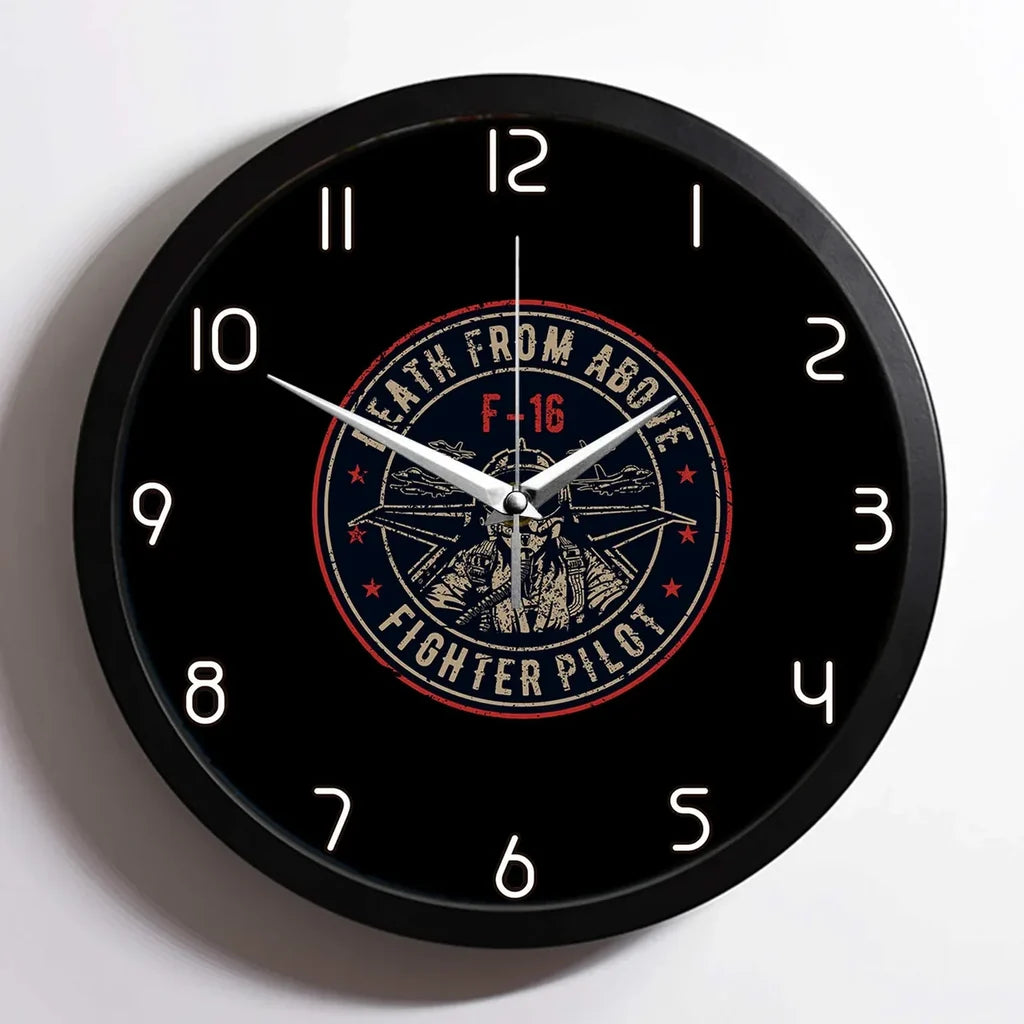 Fighter Jet 16 - Death From Above aviation design on premium wood and metal wall clock.