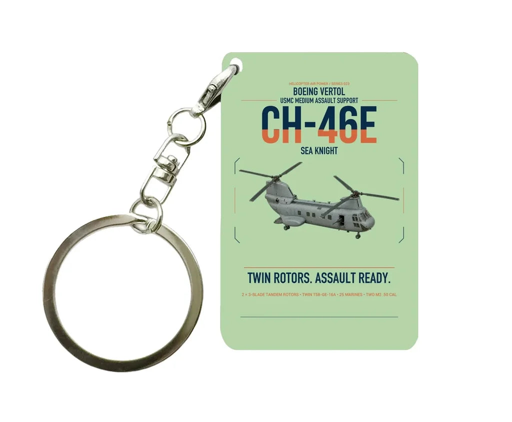 Boeing Vertol CH-46E Sea Knight design on light green designed key chain, double-side print