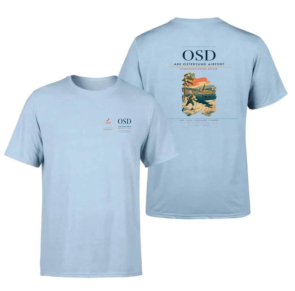 Are Ostersund Airport (OSD) design printed on light blue double-side t-shirt