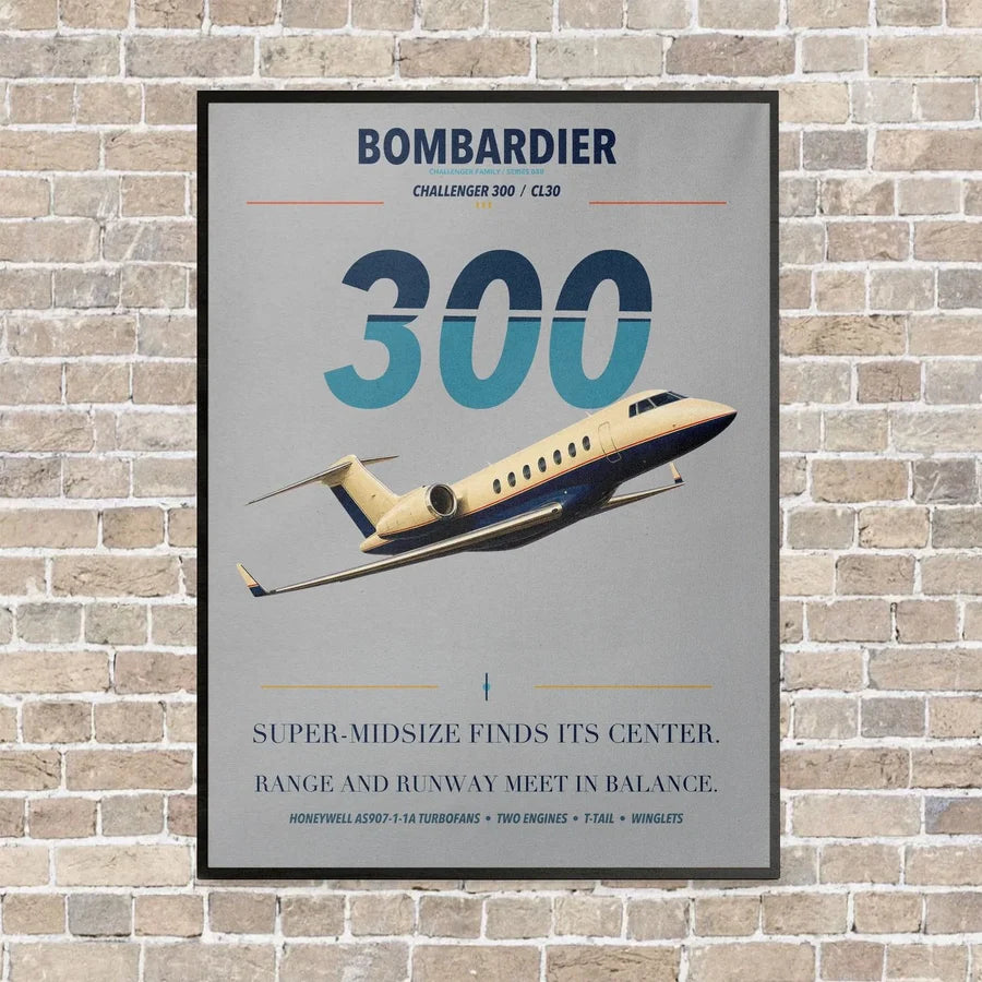 Bombardier Challenger 300 vertical canvas print - framed - light gray background