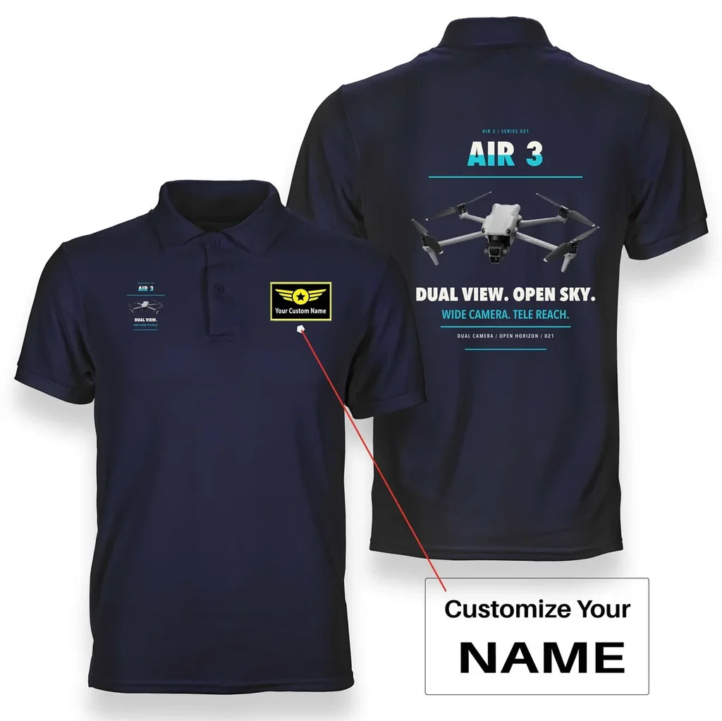 DJI Air 3 design on navy blue polo with custom name badge