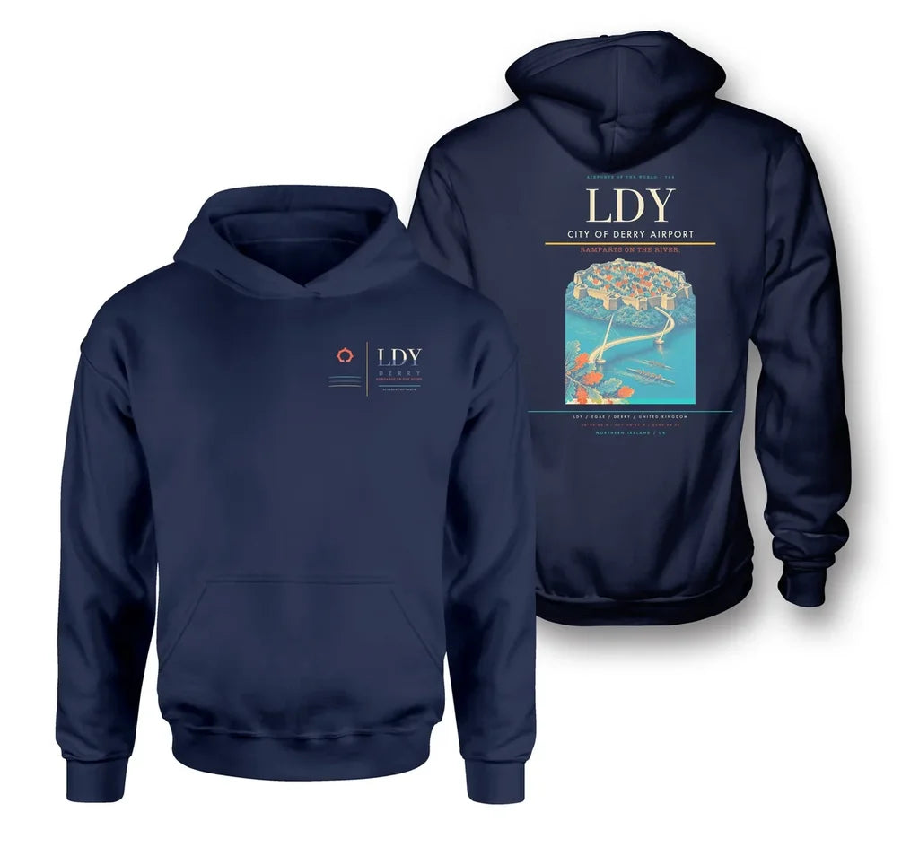 City of Derry Airport (LDY) design on navy blue double-side hoodie