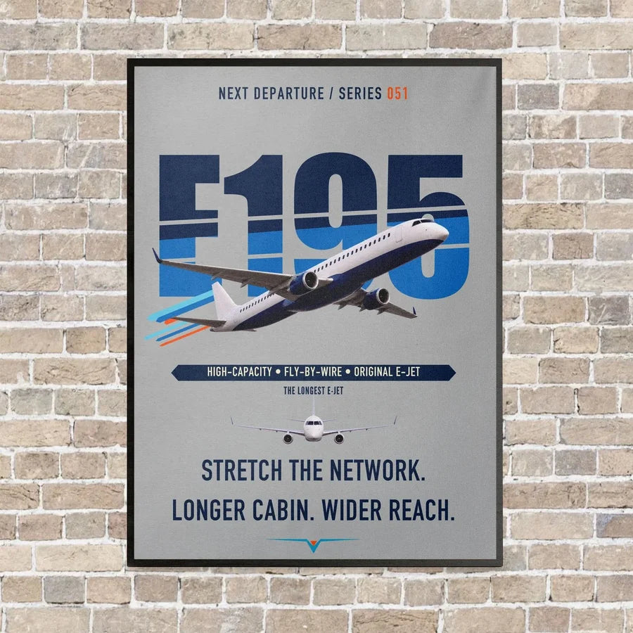 Embraer E195 vertical canvas print - framed - light gray background