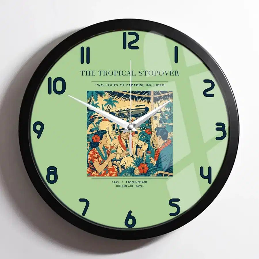 VINTAGE G4225 - The Tropical Stopover - Designed Wall Clocks design on lightgreen framed