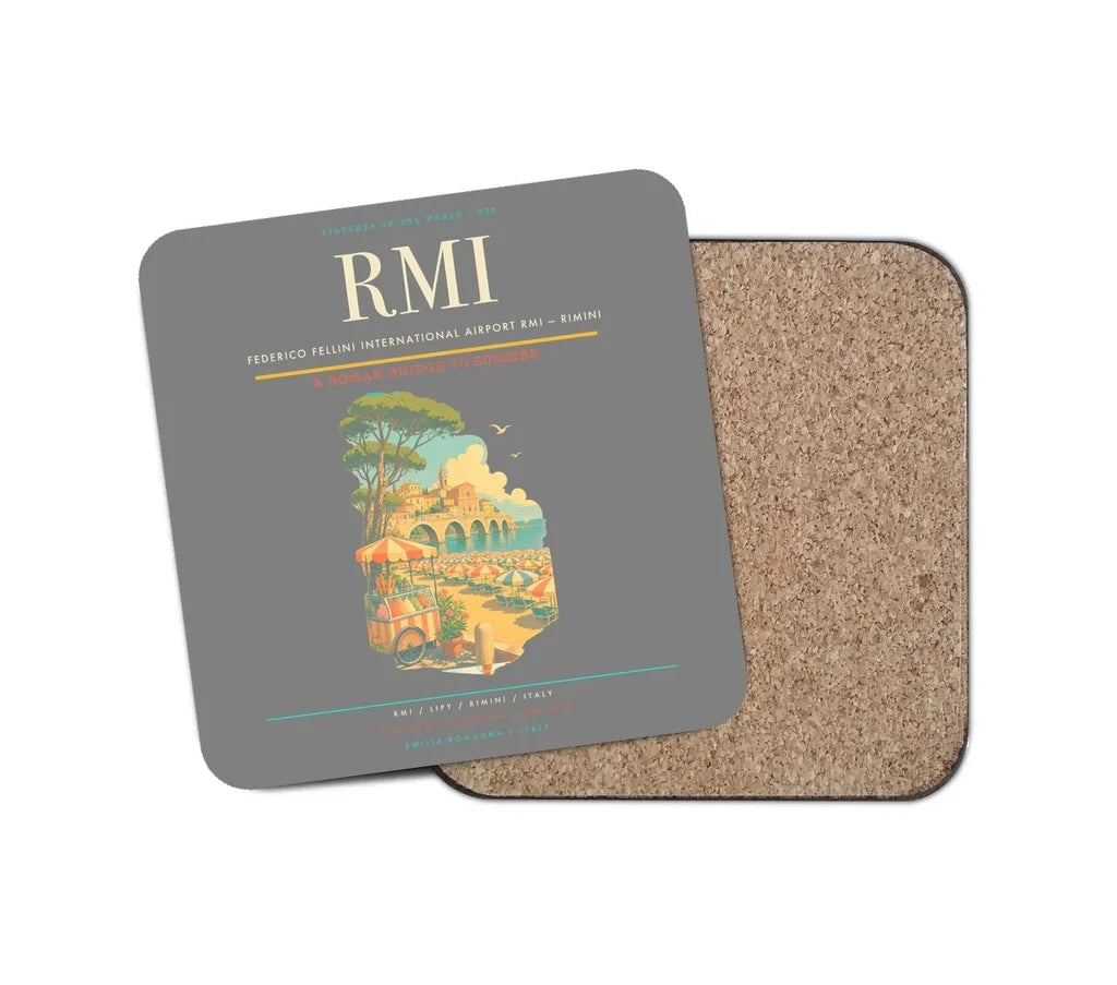 Federico Fellini International Airport (RMI) design on gray 1 piece coaster
