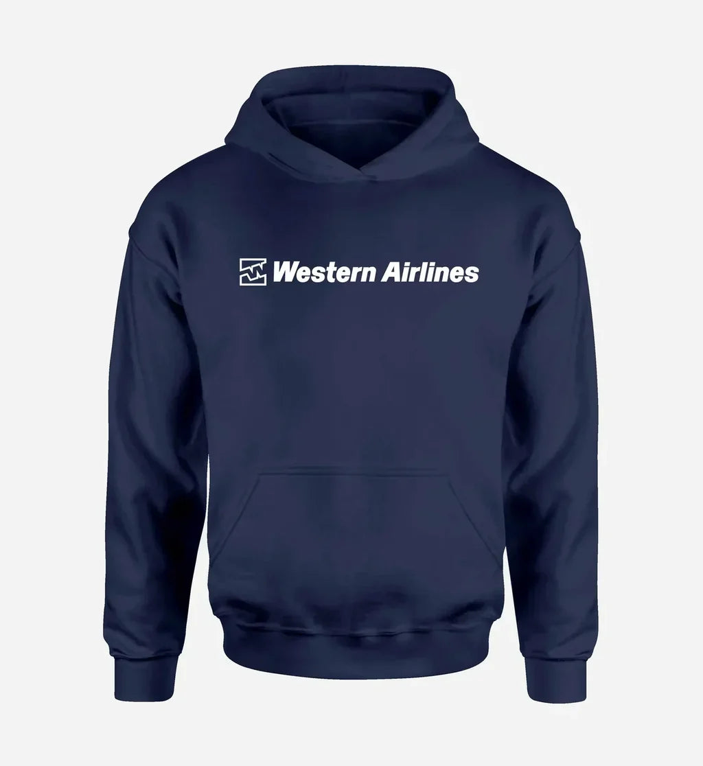 Western Airlines logo printed on navy blue hoodie