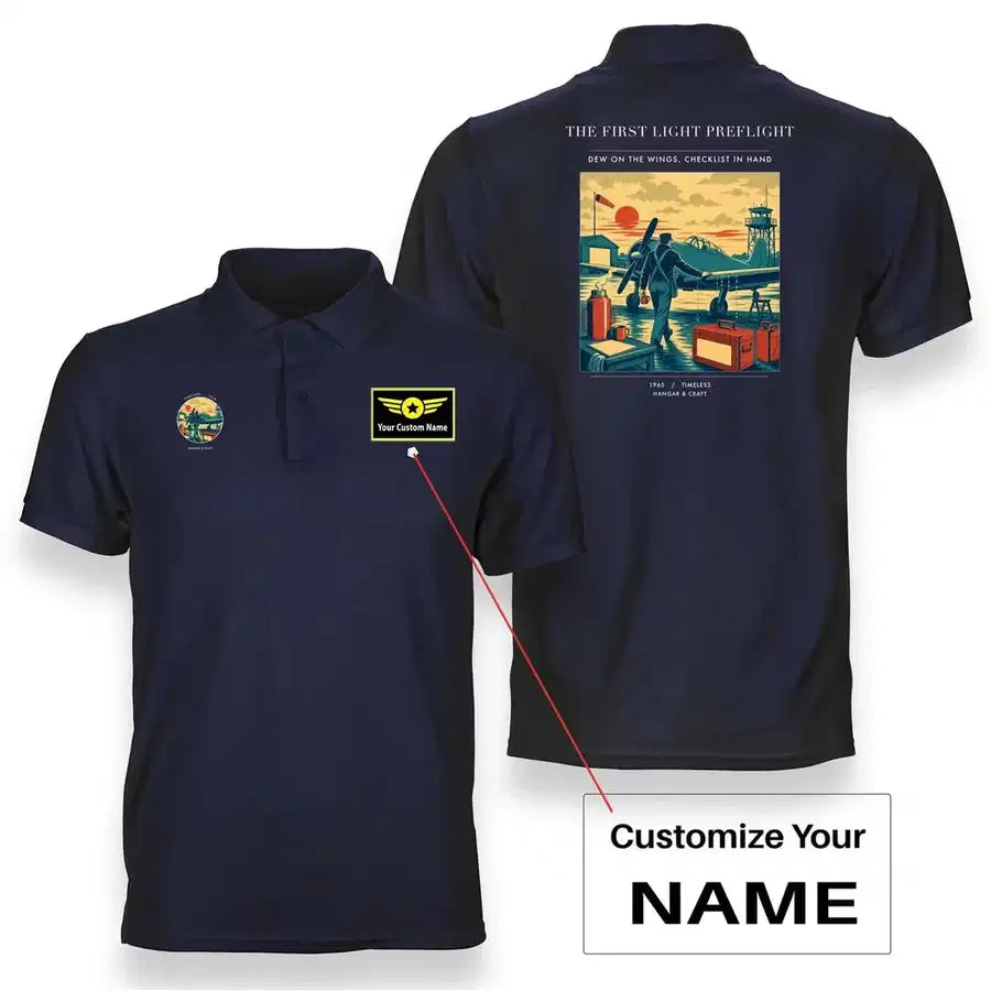 VINTAGE G4180 - The First Light Preflight - Double-Side Polo T-Shirt design on navyblue+name