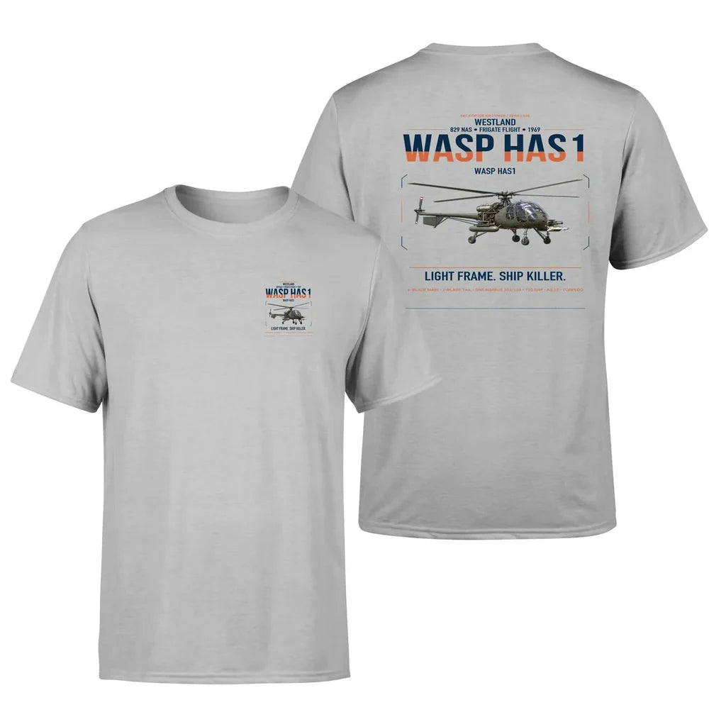 Westland Wasp HAS1 design on light gray t-shirt, double-side print