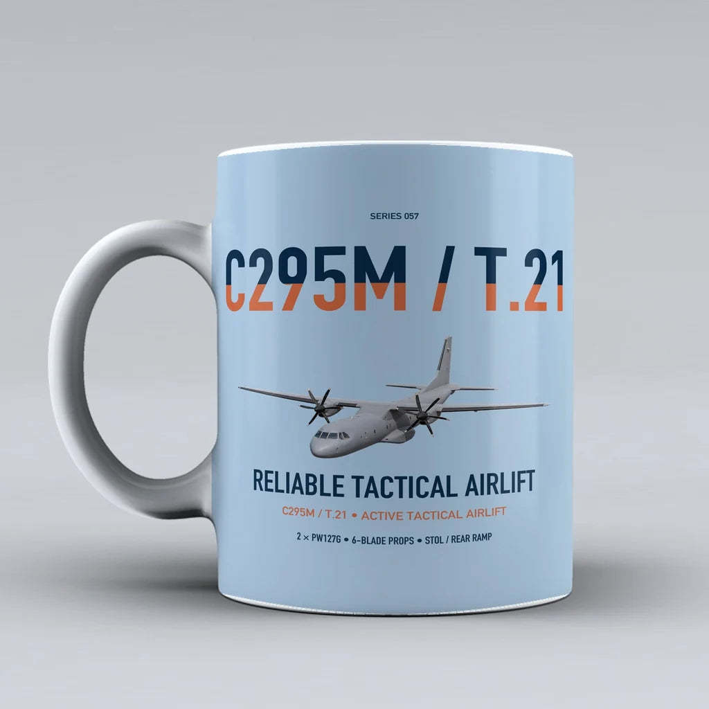 Airbus C295M T.21 design on light blue ceramic mug, double-side print