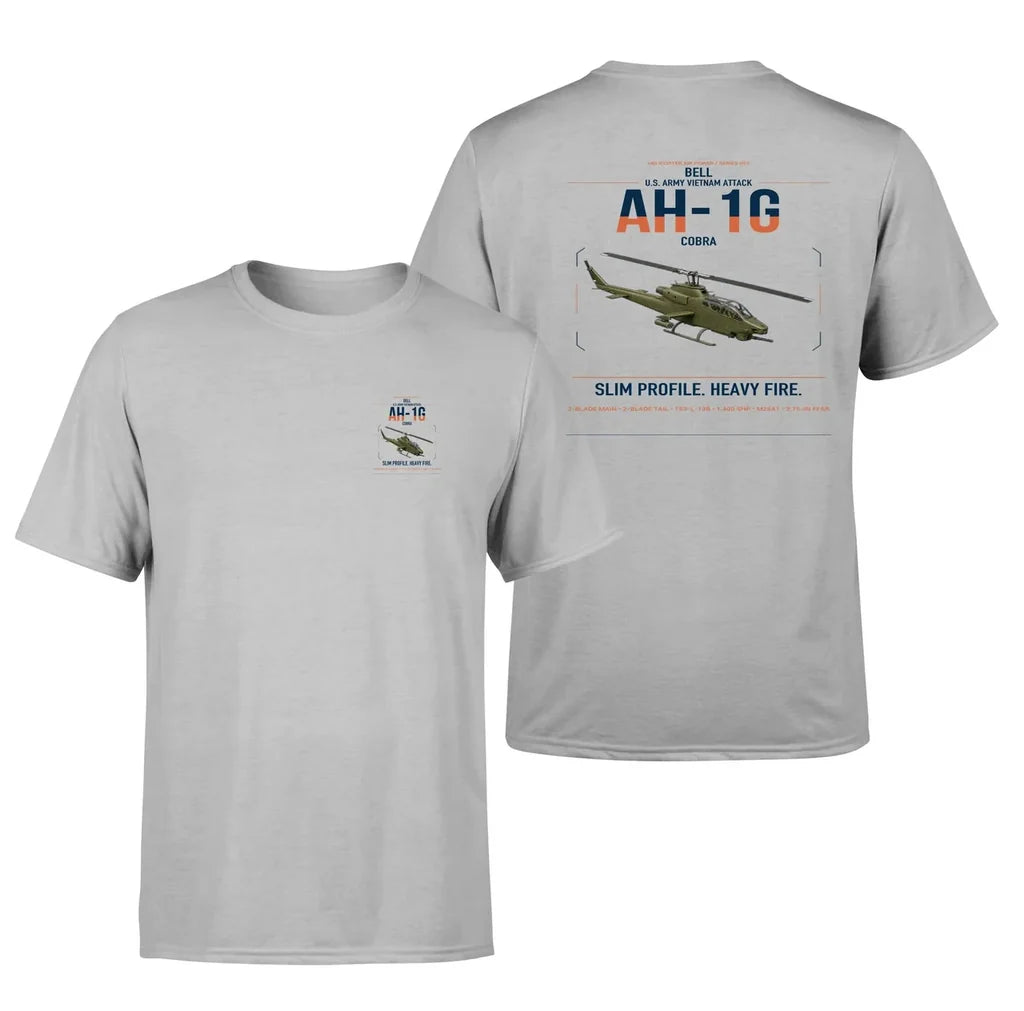 Bell AH-1G Cobra design on light gray t-shirt, double-side print