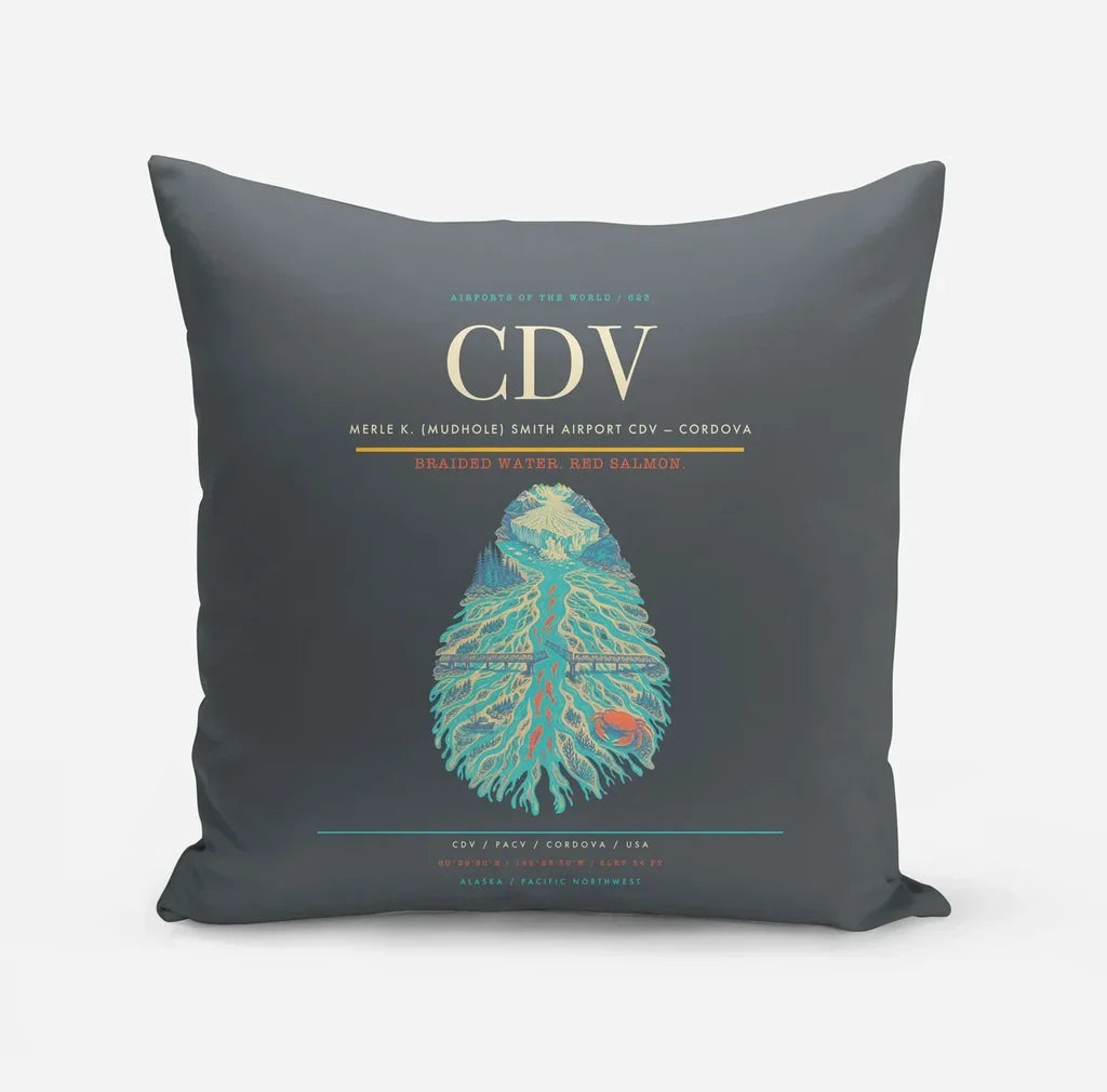 Merle K. (Mudhole) Smith Airport (CDV) design on gray pillow